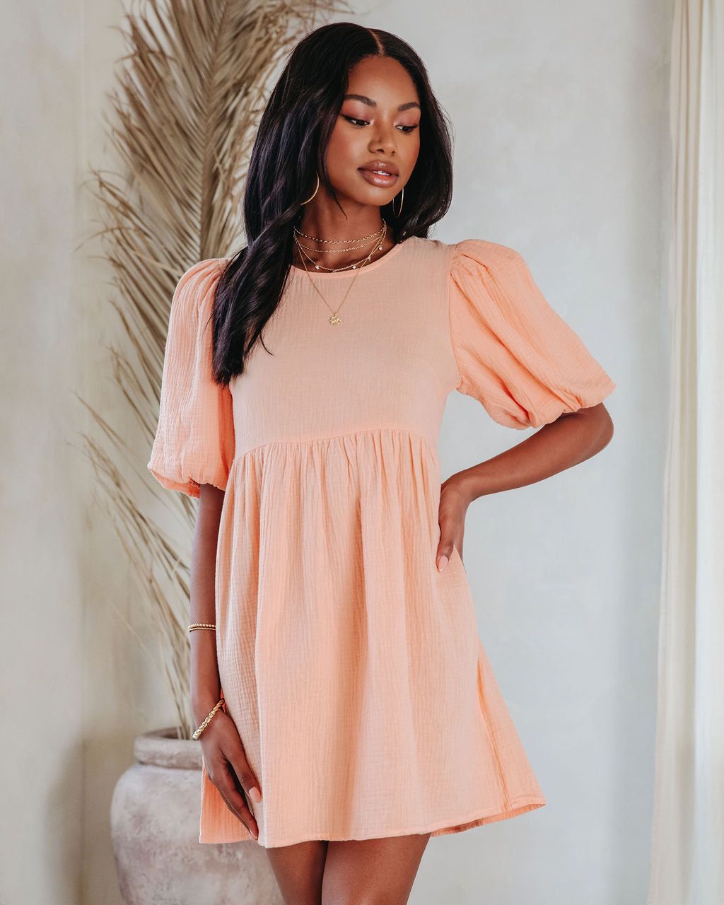 Such A Breeze Cotton Puff Sleeve Babydoll Dress - Peach - FINAL SALE sold by Vici product image thumbnail 7