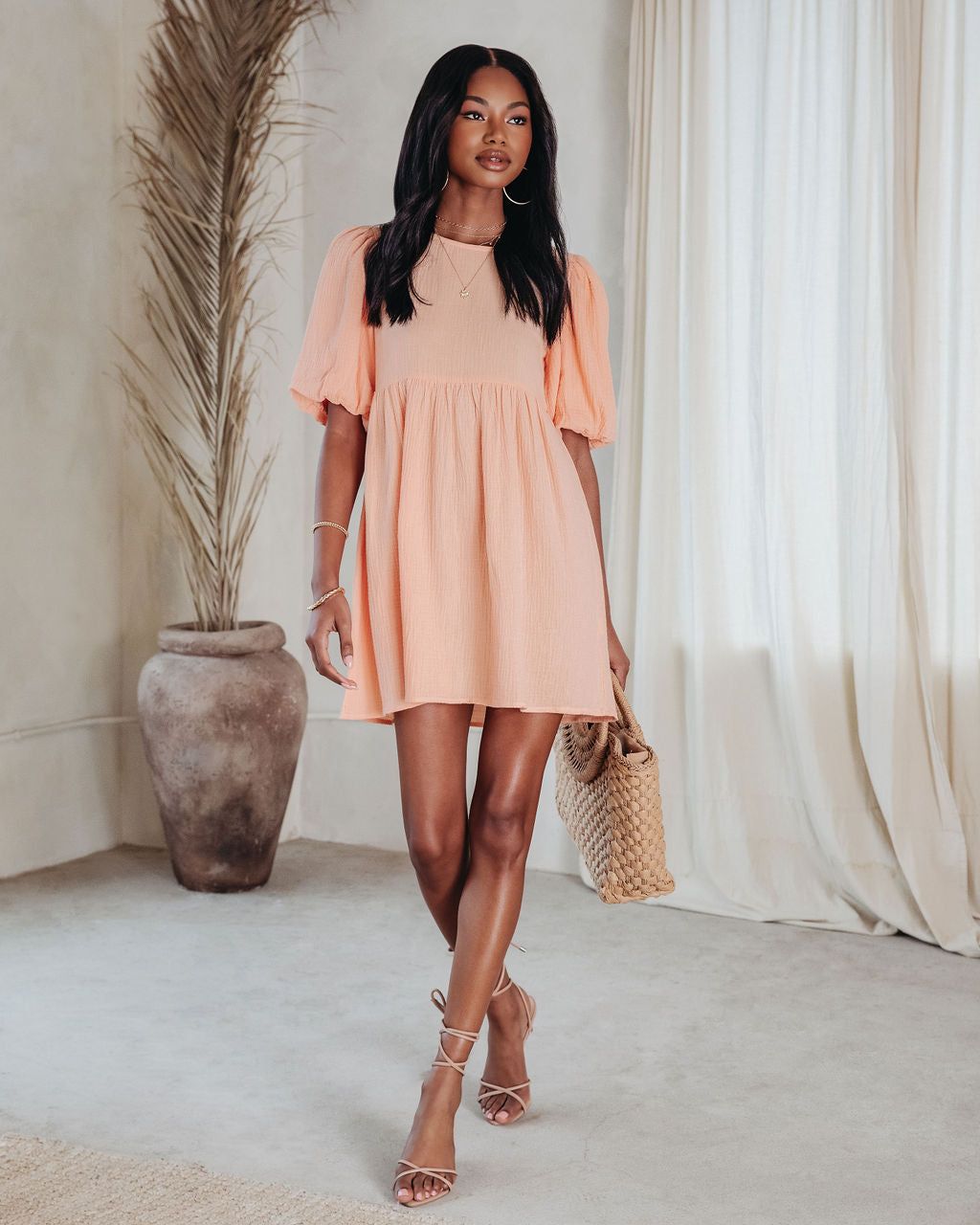 Such A Breeze Cotton Puff Sleeve Babydoll Dress - Peach - FINAL SALE sold by Vici
