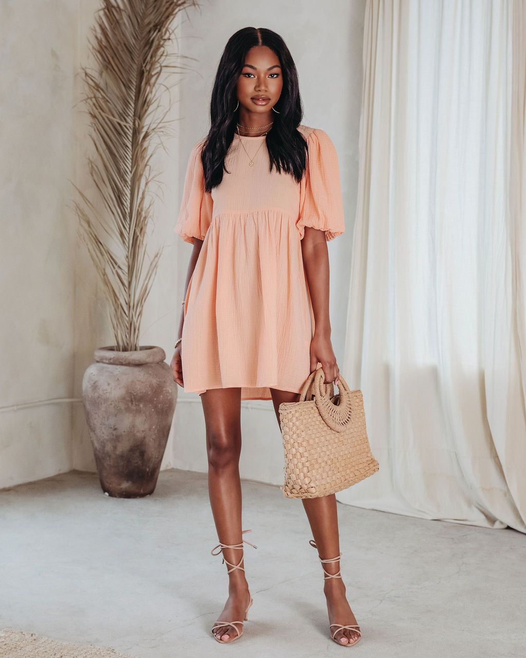 Such A Breeze Cotton Puff Sleeve Babydoll Dress - Peach - FINAL SALE sold by Vici product image thumbnail 3