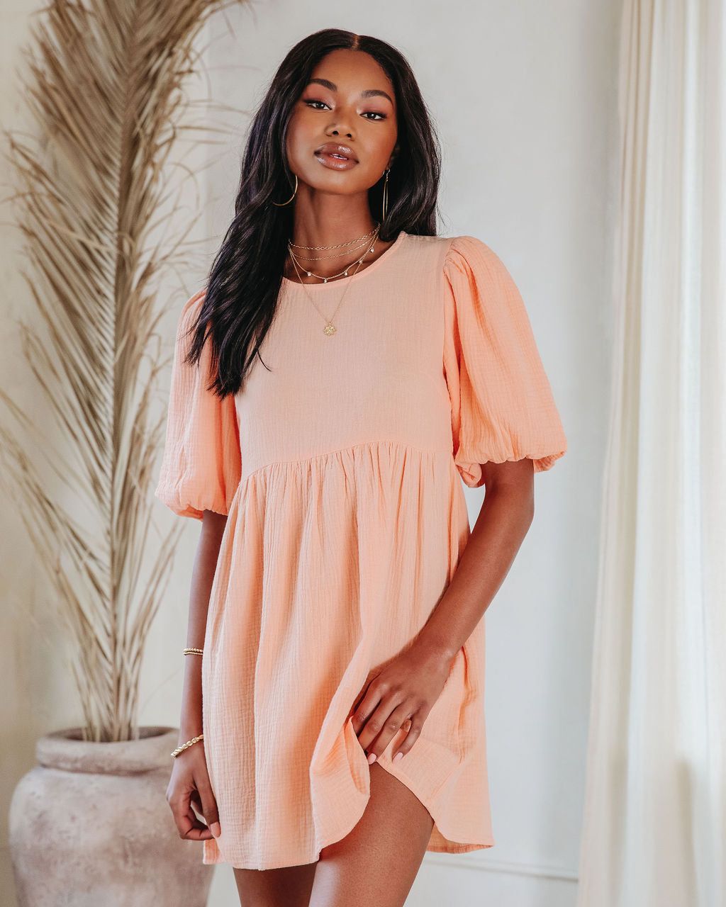 Such A Breeze Cotton Puff Sleeve Babydoll Dress - Peach - FINAL SALE sold by Vici product image thumbnail 6
