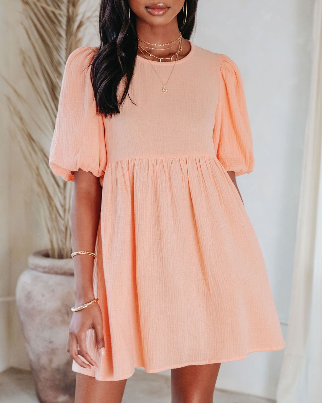 Such A Breeze Cotton Puff Sleeve Babydoll Dress - Peach - FINAL SALE sold by Vici product image thumbnail 2