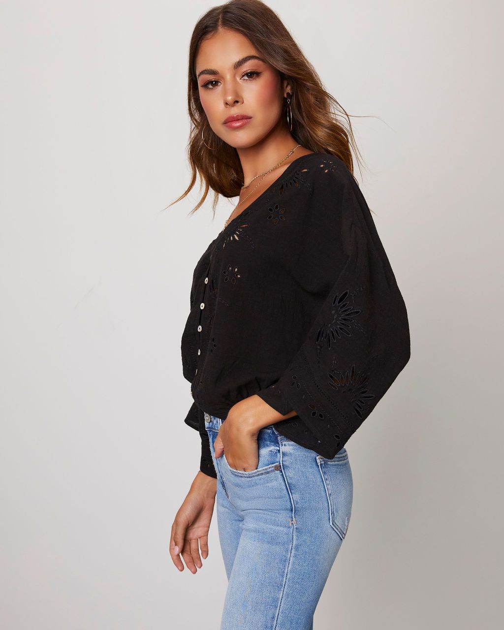 Je T'Aime Eyelet Button Down Top - Black - SALE sold by Vici product image thumbnail 5