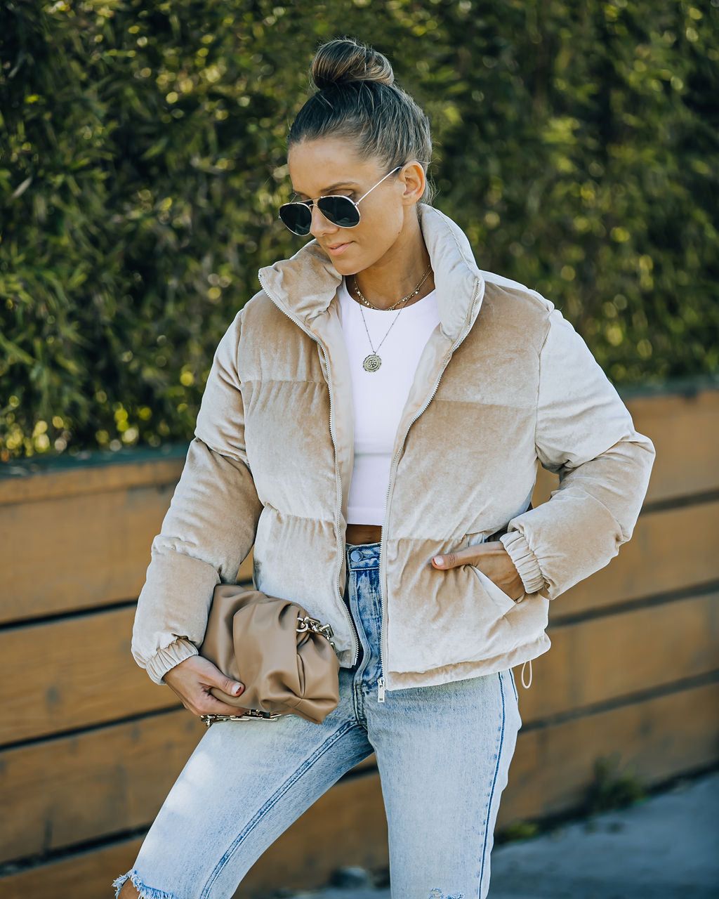 Powder Pocketed Velvet Puffer Jacket - Beige - FINAL SALE sold by Vici product image thumbnail 5