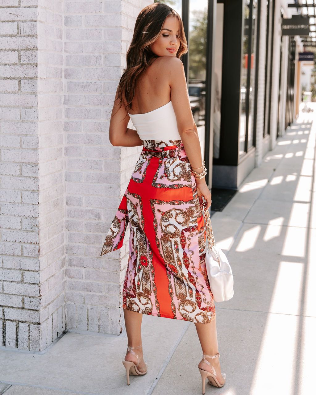 Bold Type Printed Satin Wrap Midi Skirt sold by Vici product image thumbnail 2