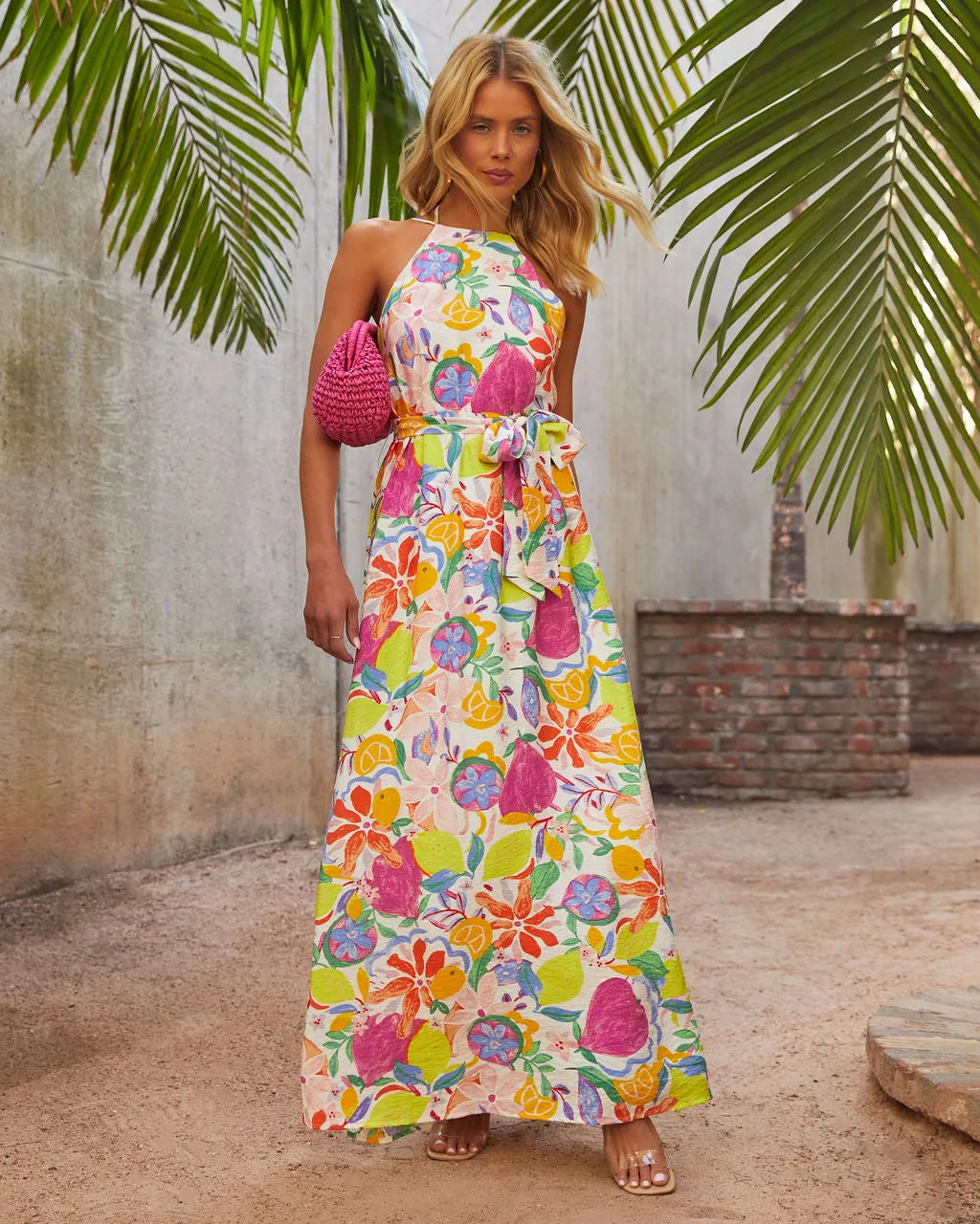 Belize Printed Satin Low Back Tie Waist Maxi Dress sold by Vici