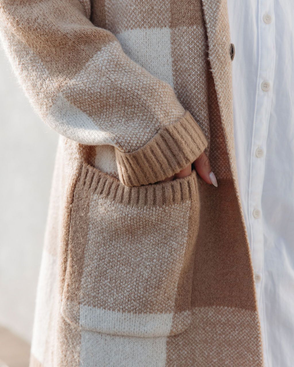 Woodrow Pocketed Checkered Knit Coatigan - Taupe - FINAL SALE sold by Vici product image thumbnail 4