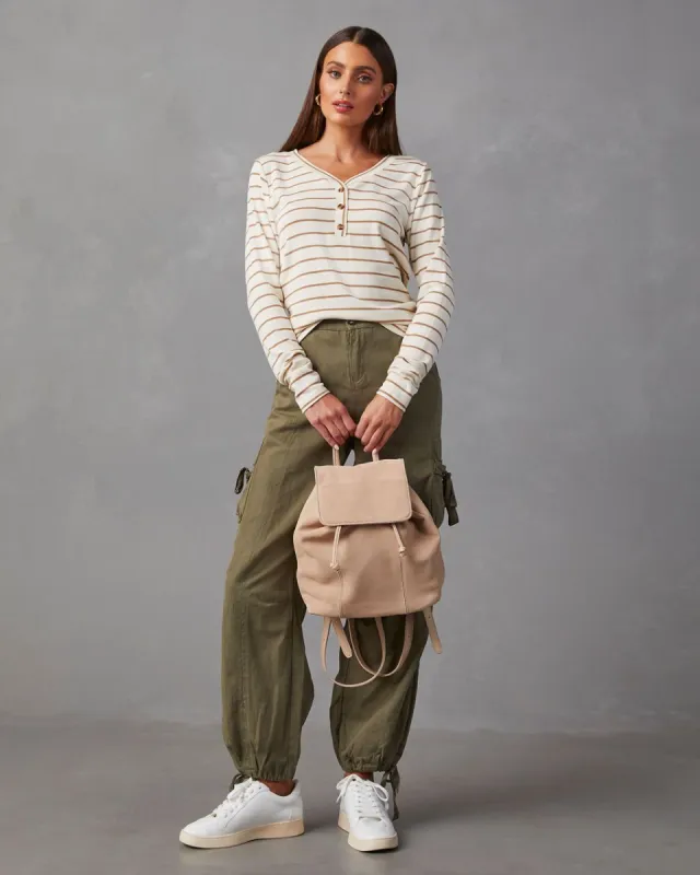Suzanne Striped Ribbed Knit Henley Top - Cream/Brown - SALE sold by Vici