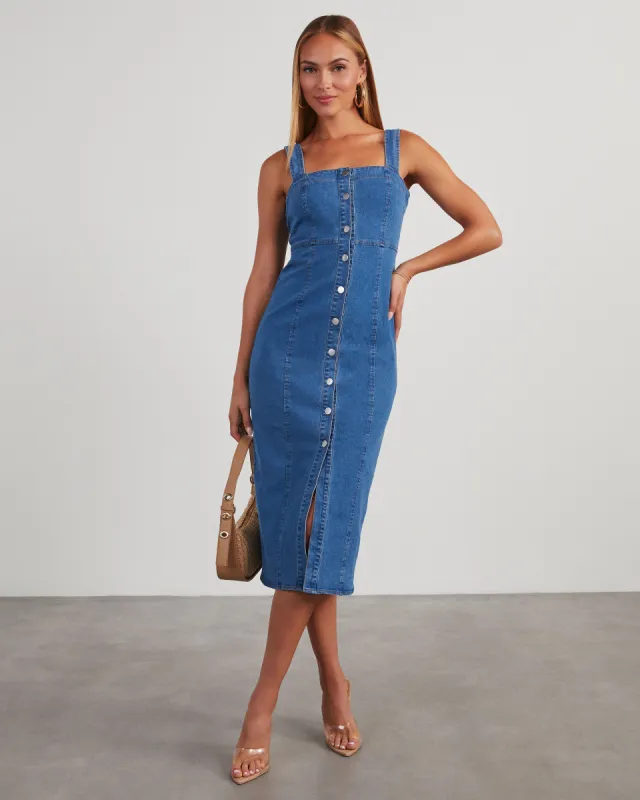 Camden Denim Button Front Midi Dress sold by Vici