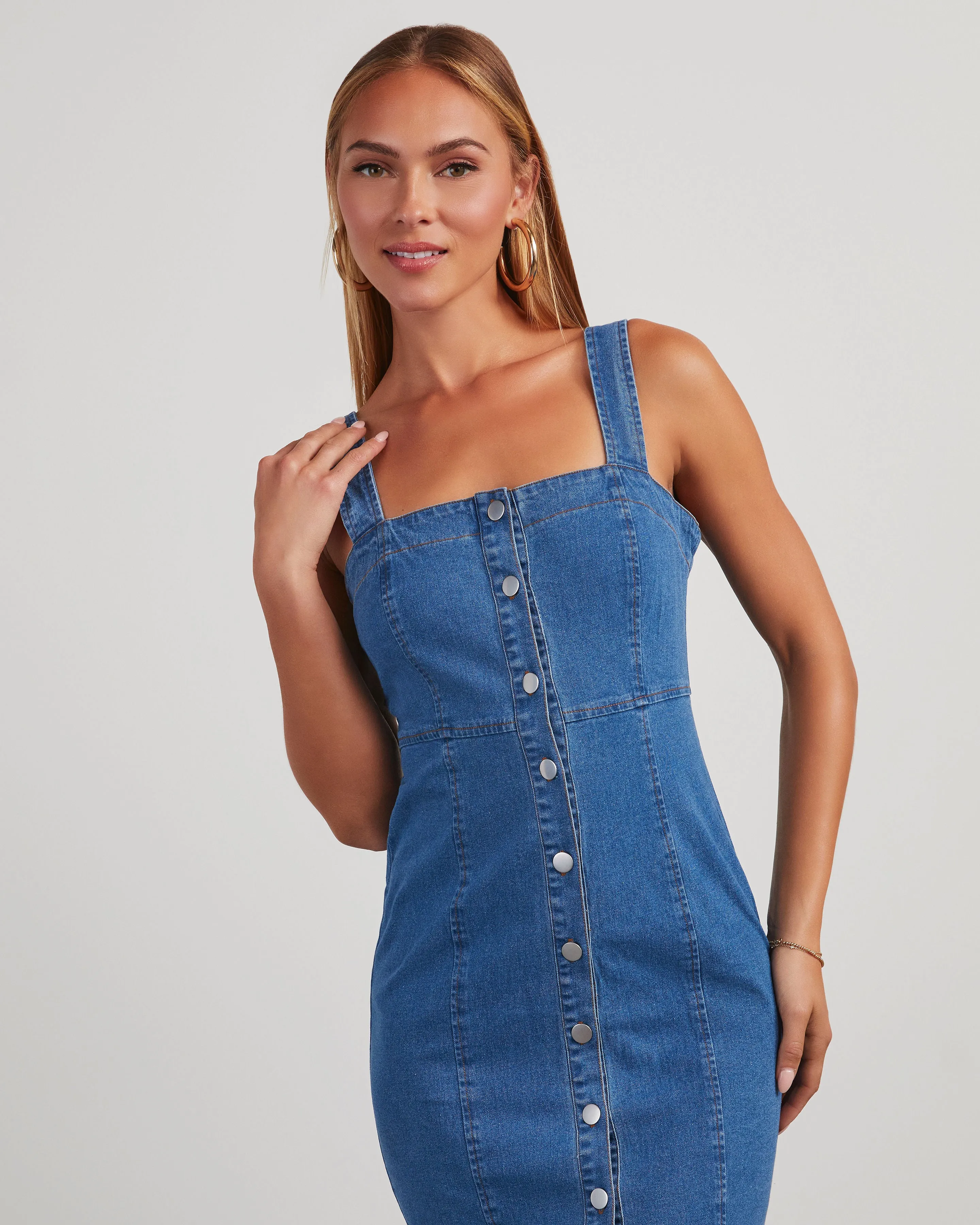 Camden Denim Button Front Midi Dress sold by Vici product image thumbnail 4
