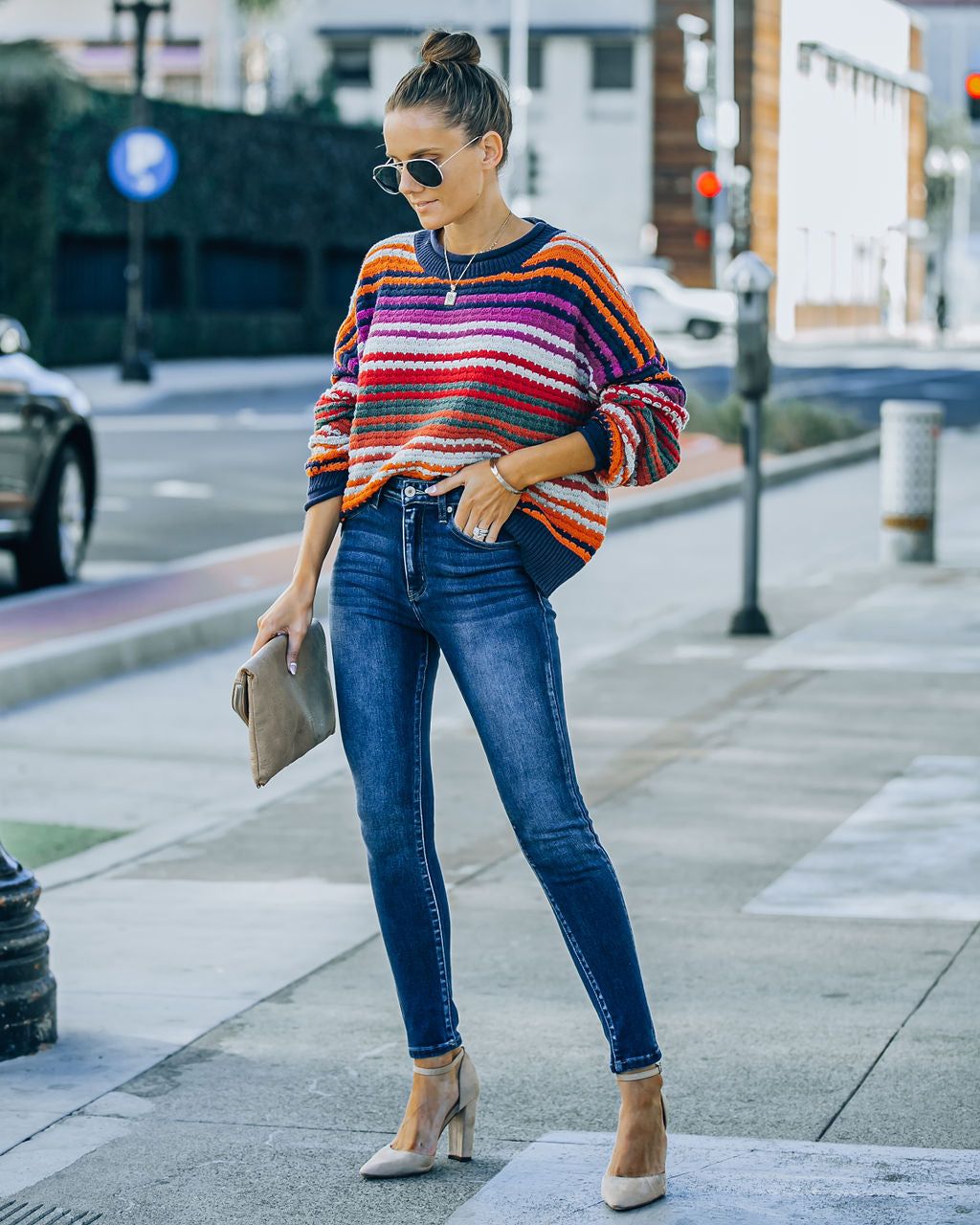 Kolston Striped Cotton Blend Sweater - Navy Combo - FINAL SALE sold by Vici