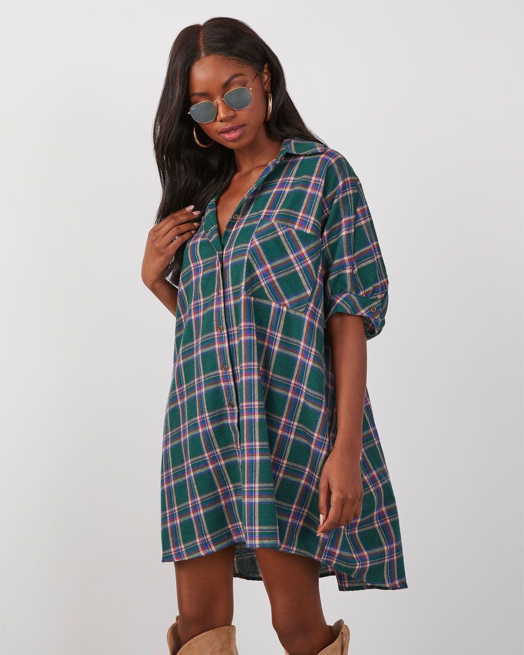 Piper Plaid Mini Shirt Dress sold by Vici product image thumbnail 3