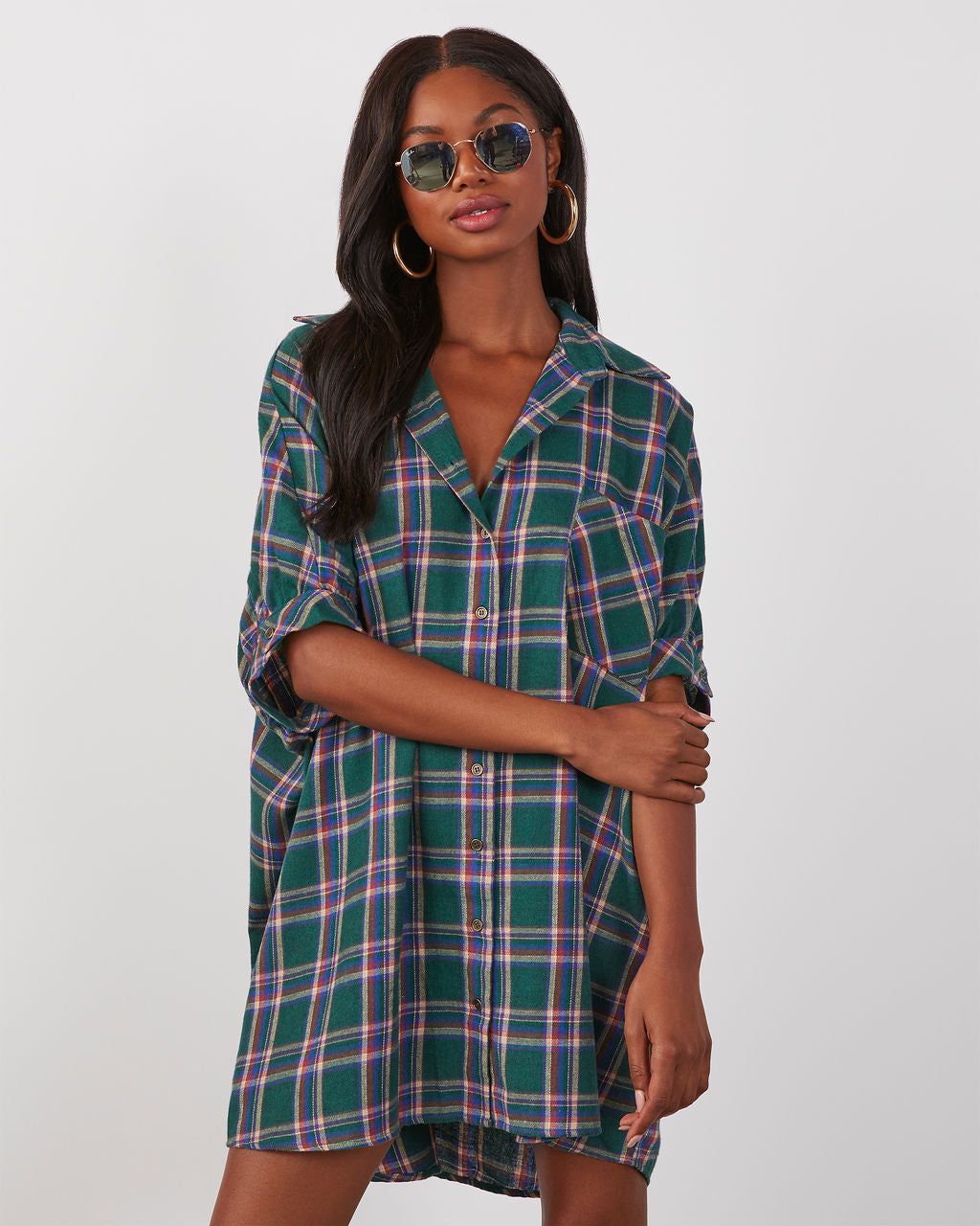 Piper Plaid Mini Shirt Dress sold by Vici