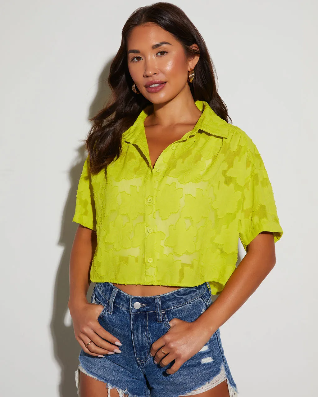Jayla Cropped Short Sleeve Button Down sold by Vici