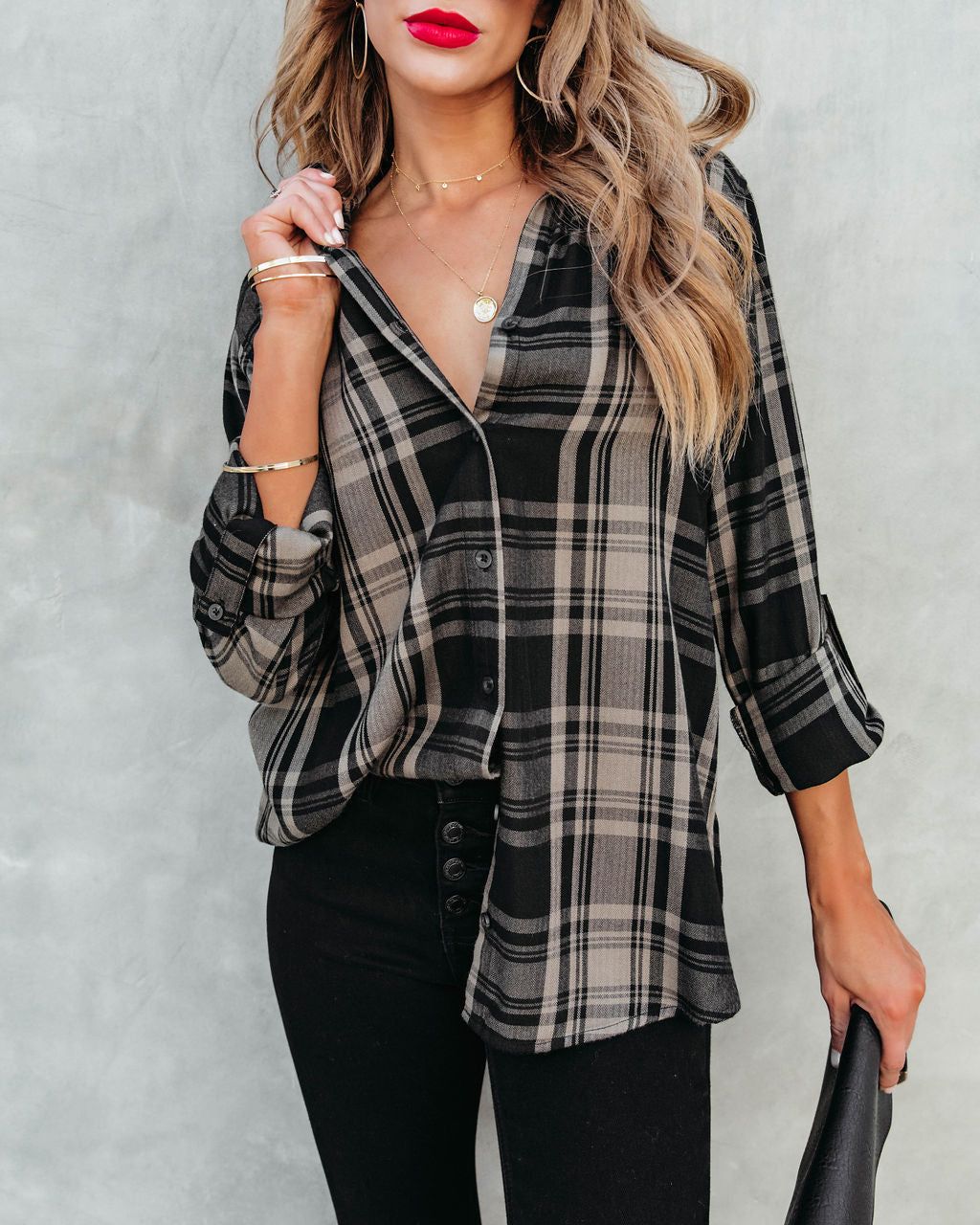 Seattle Plaid Button Down Top sold by Vici