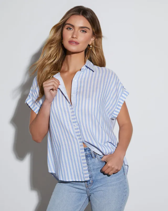 Kendall Striped Short Sleeve Button Down Top sold by Vici