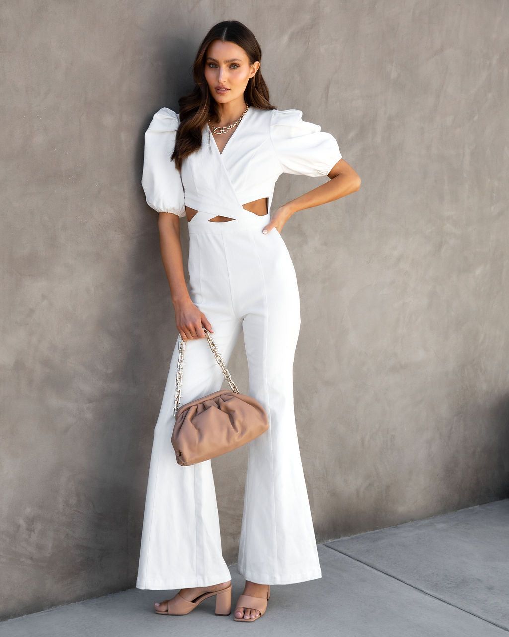 Sarah Denim Puff Sleeve Flare Jumpsuit - White - FINAL SALE sold by Vici