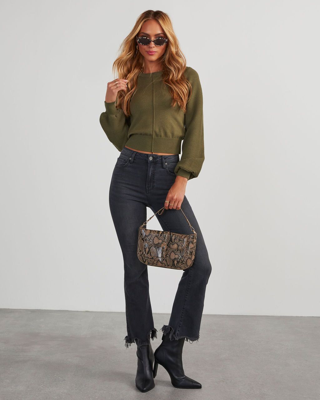 Roane Cropped Pullover Sweater - Olive sold by Vici