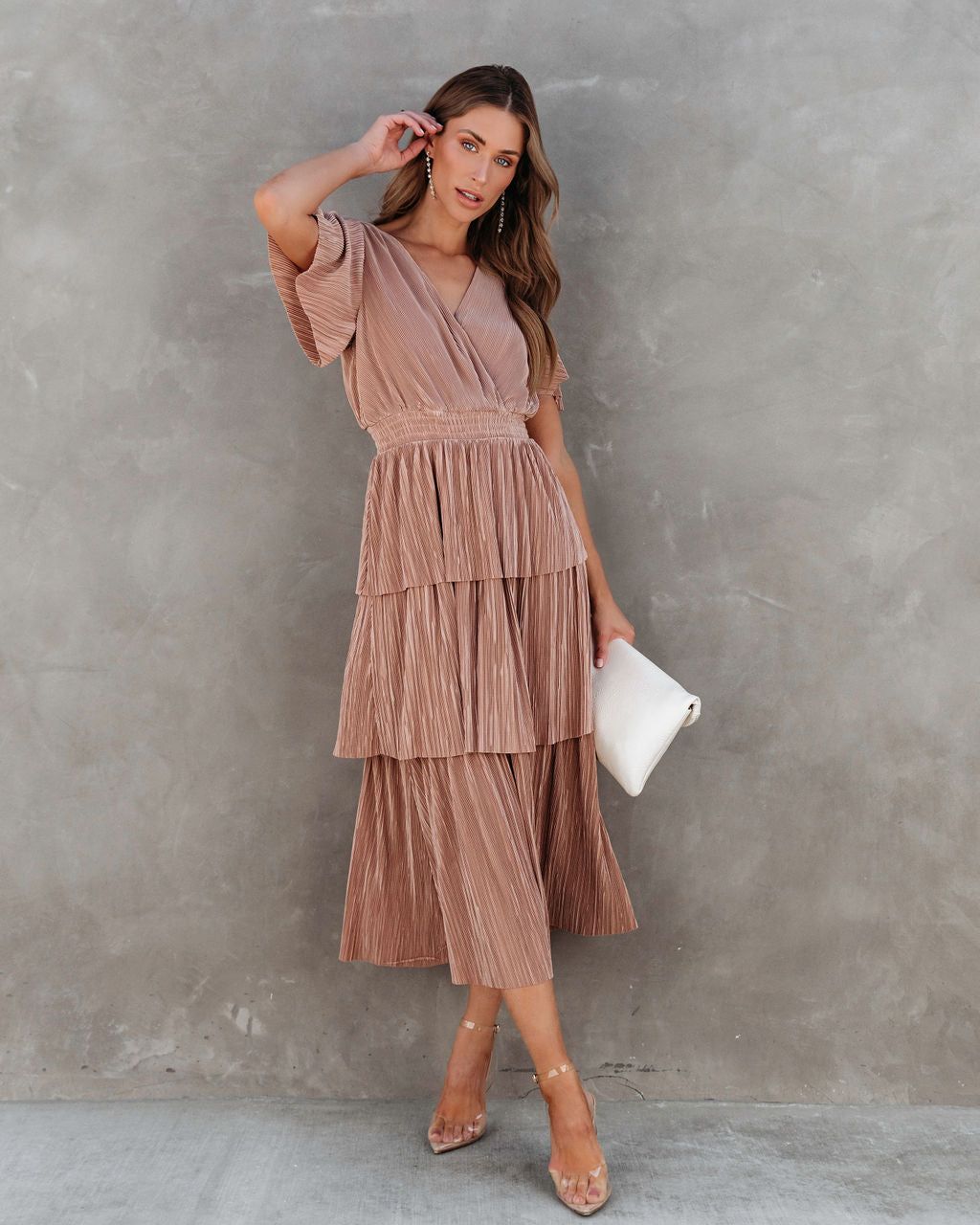 Perfect For Me Plisse Tiered Midi Dress sold by Vici