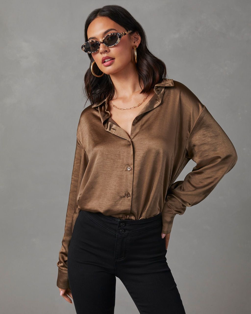 Kielan Satin Button Down Top - Dark Olive sold by Vici product image thumbnail 2