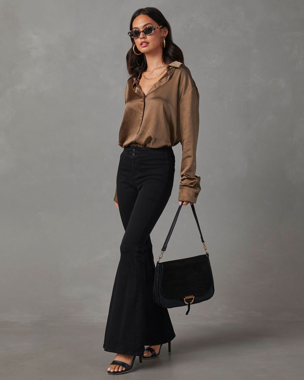 Kielan Satin Button Down Top - Dark Olive sold by Vici product image thumbnail 3