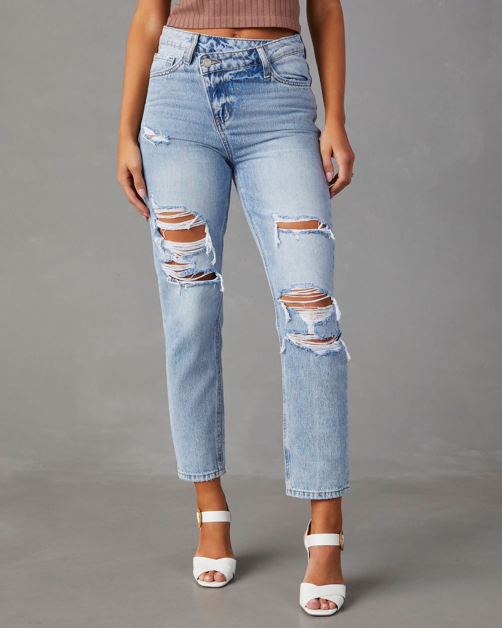 Tyrique High Rise Distressed Straight Leg Jeans - Light Wash - SALE sold by Vici