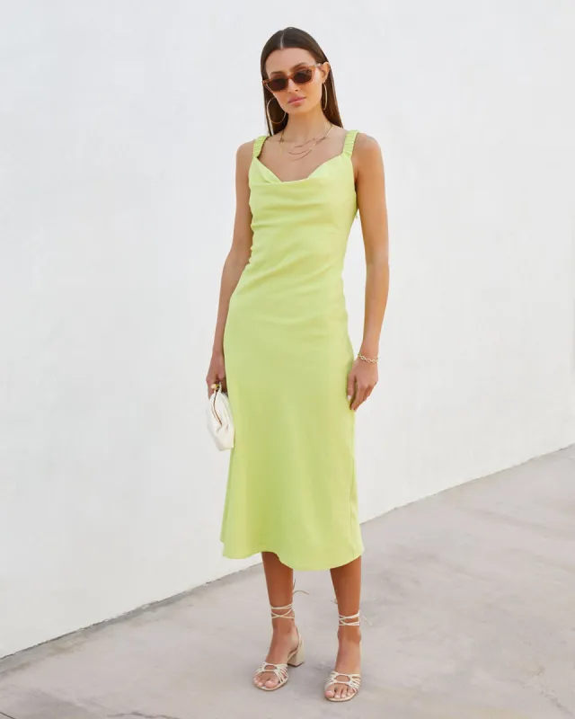 Sutton Cowl Neck Scrunch Shoulder Strap Midi Dress sold by Vici