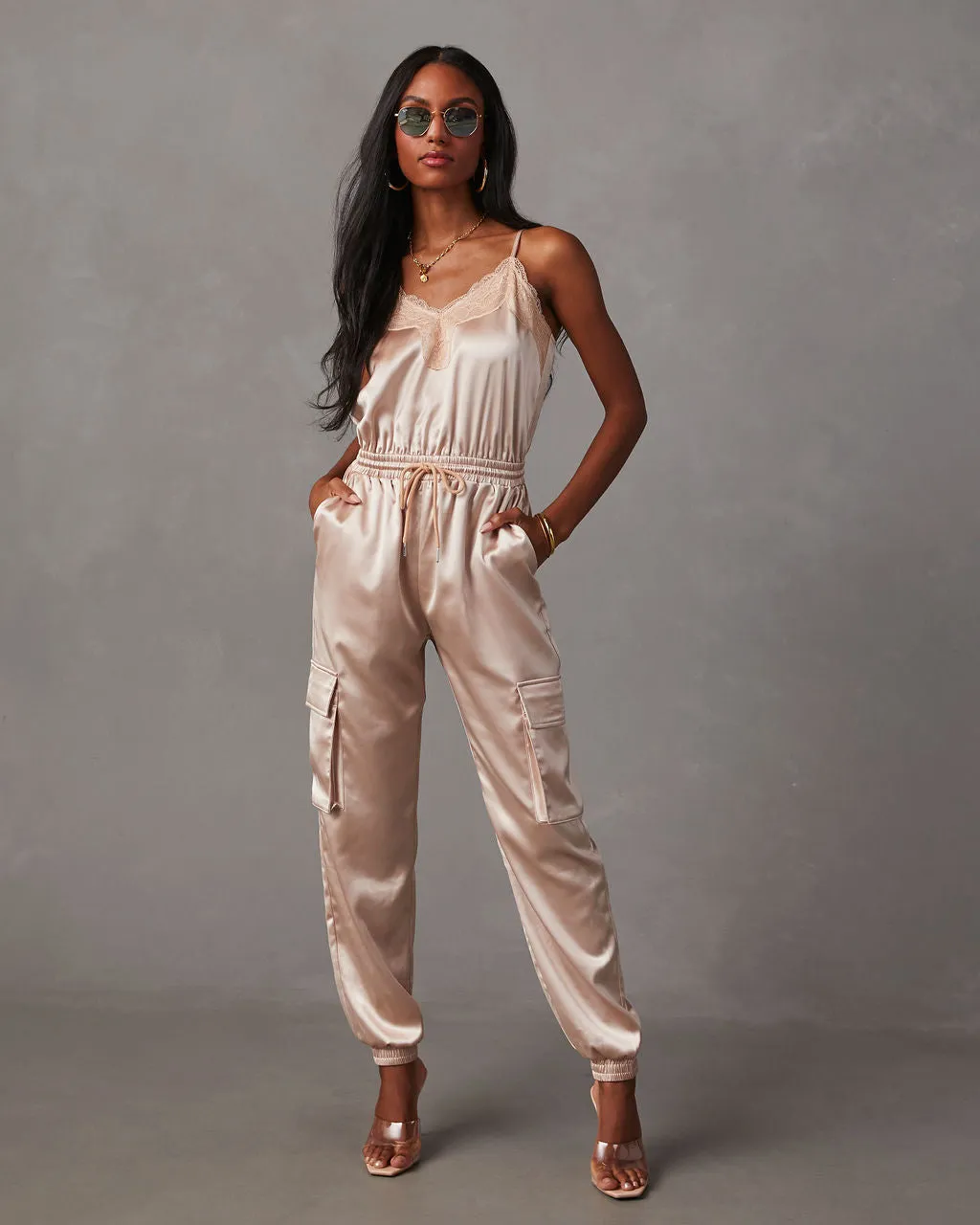 Fall & Femme Satin Drawstring Cargo Jumpsuit sold by Vici