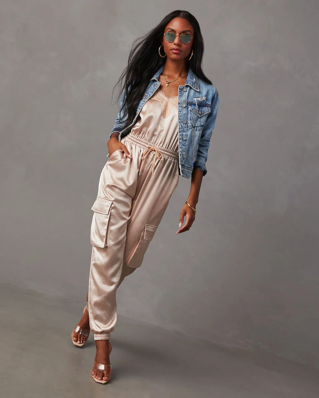 Fall & Femme Satin Drawstring Cargo Jumpsuit sold by Vici product image thumbnail 2