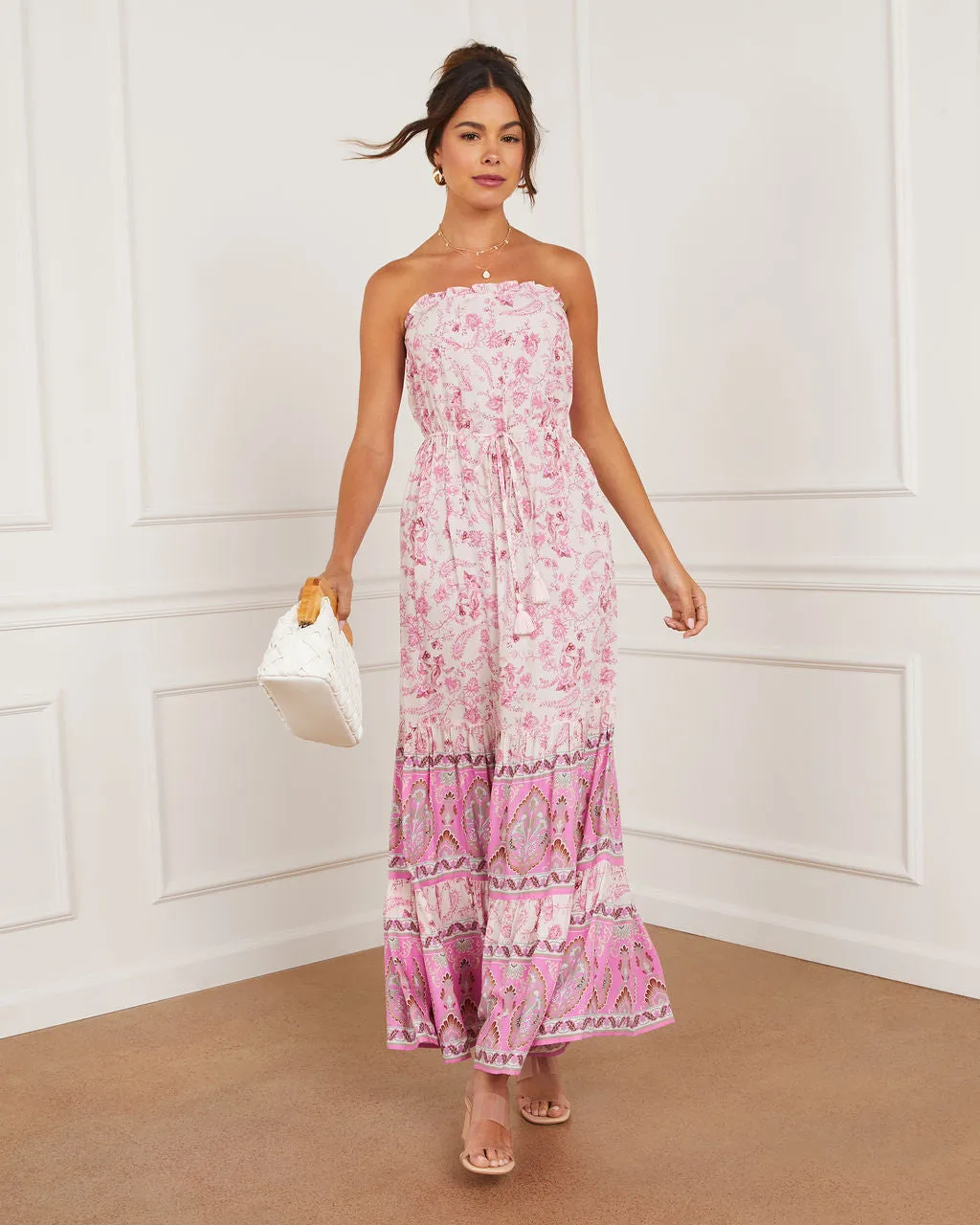 Fia Strapless Border Print Tie Waist Maxi Dress sold by Vici