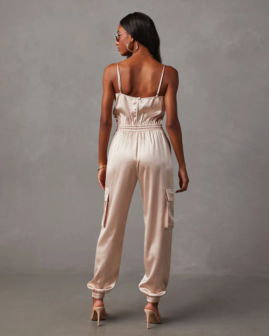 Fall & Femme Satin Drawstring Cargo Jumpsuit sold by Vici product image thumbnail 4