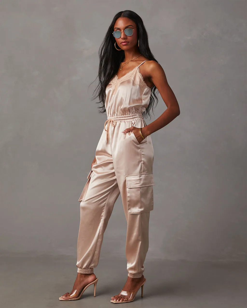 Fall & Femme Satin Drawstring Cargo Jumpsuit sold by Vici product image thumbnail 3