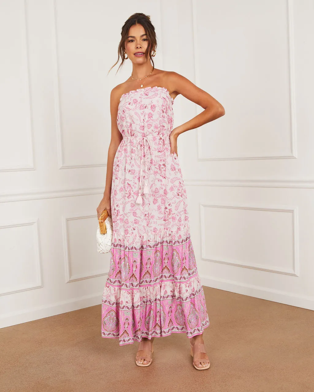 Fia Strapless Border Print Tie Waist Maxi Dress sold by Vici product image thumbnail 5