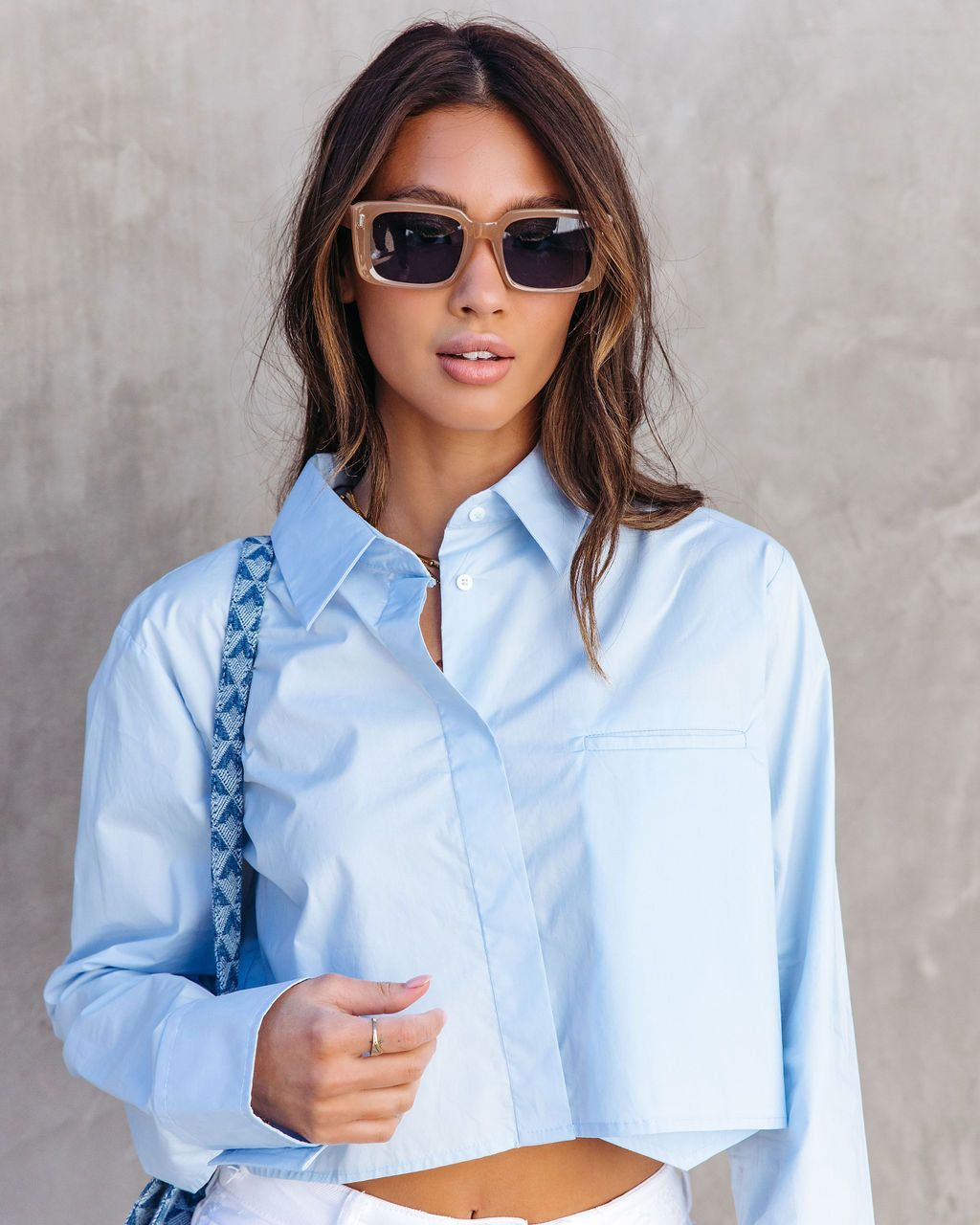 None Of Your Biz Cotton Cropped Button Up Top - Light Blue - FINAL SALE sold by Vici product image thumbnail 2