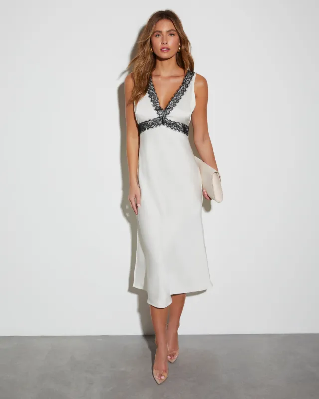Dentelle Satin V-Neck Slip Midi Dress sold by Vici