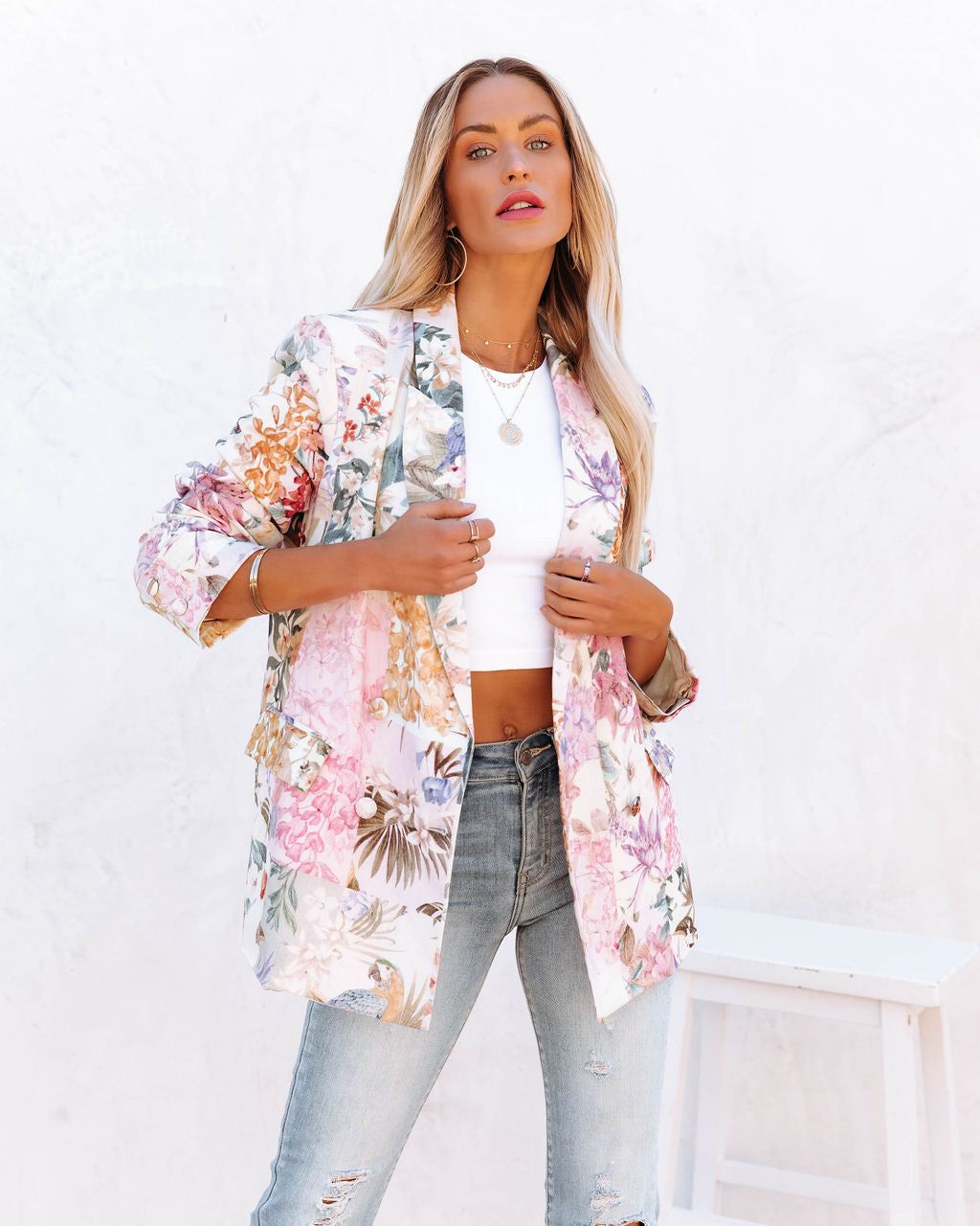 Sundew Cotton Linen Pocketed Blazer - Ivory Multi - FINAL SALE sold by Vici