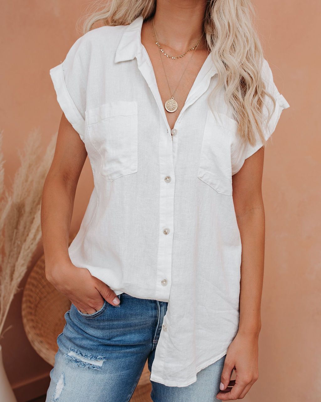 Brielle Linen Blend Button Down Top sold by Vici