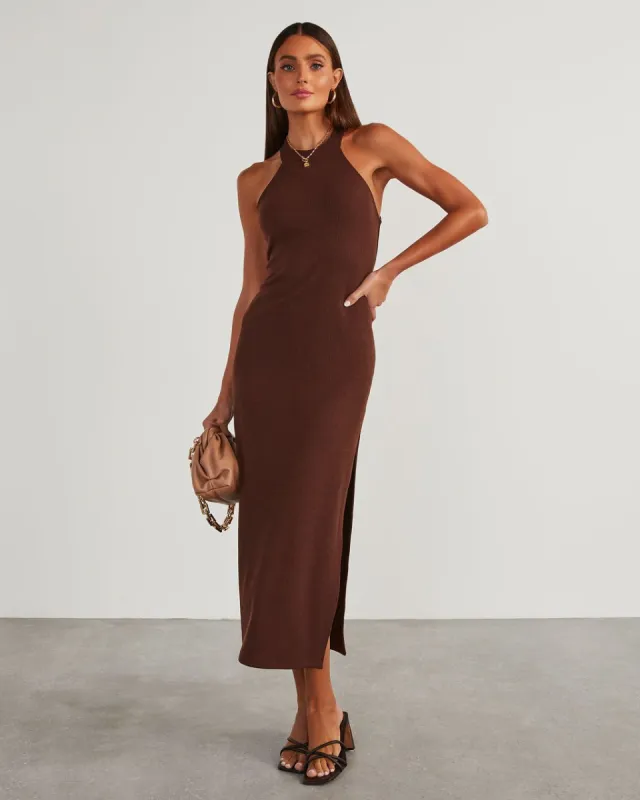 Constancia Ribbed Slit Midi Dress - Dark Brown - SALE sold by Vici