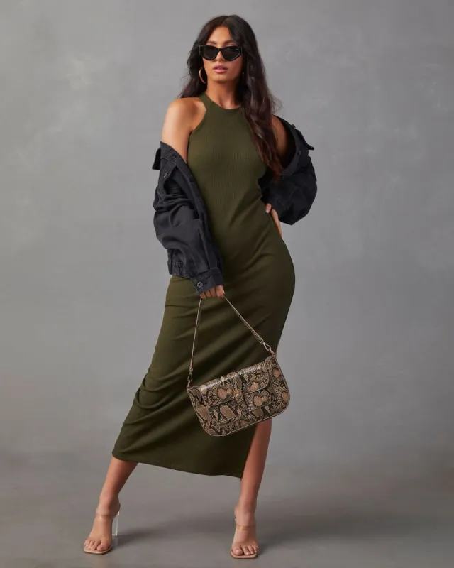 Constancia Ribbed Slit Midi Dress - Olive - SALE sold by Vici