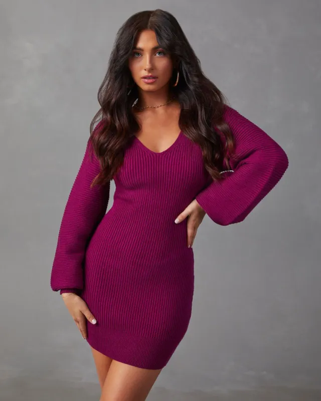 Fall Is Mine Ribbed Mini Sweater Dress - Berry sold by Vici