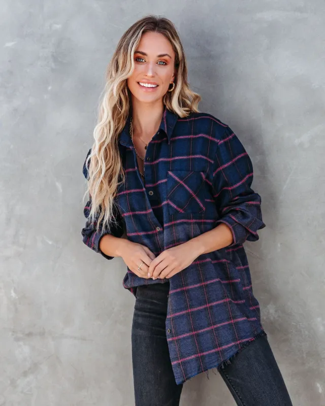 Woodrow Plaid Gradient Frayed Button Down Top sold by Vici