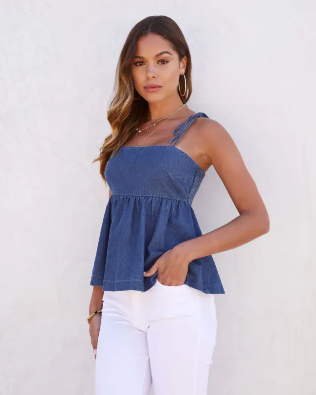 Nelly Denim Shoulder Tie Babydoll Top sold by Vici