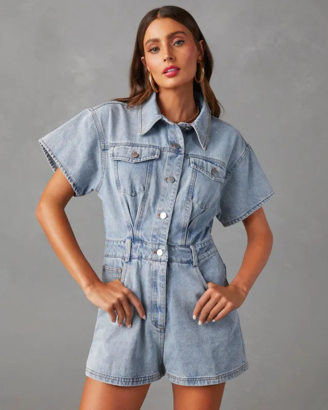 Halston Cotton Pocketed Denim Romper sold by Vici