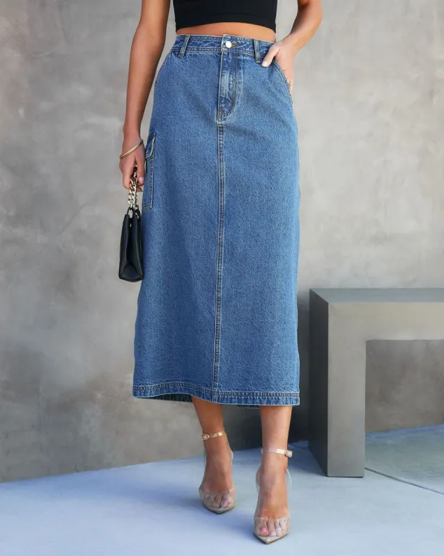 Spears Denim Cargo Midi Skirt sold by Vici