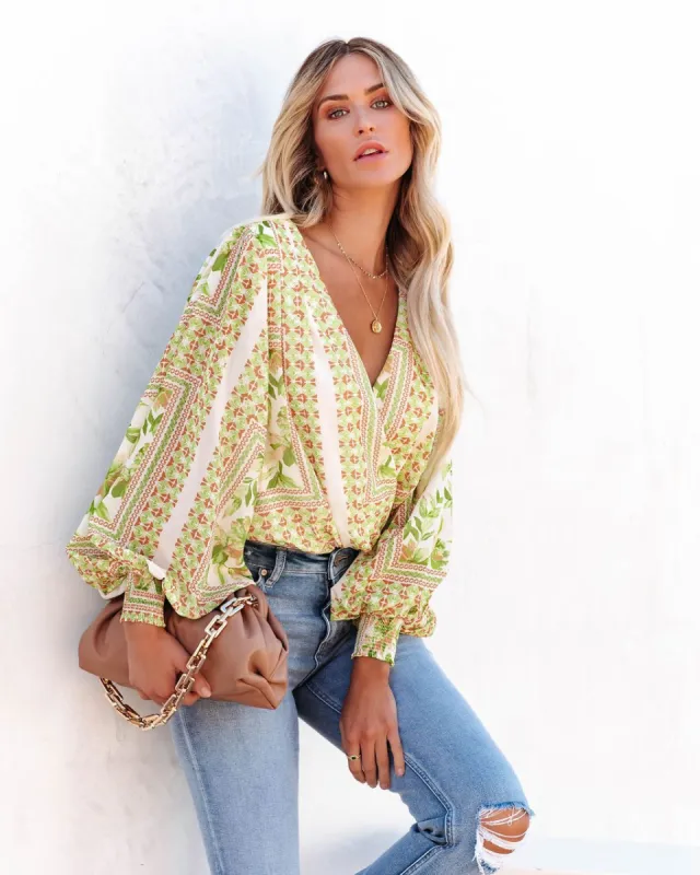 Dayana Printed Drape Bodysuit - Ivory Green - FINAL SALE made by Vici