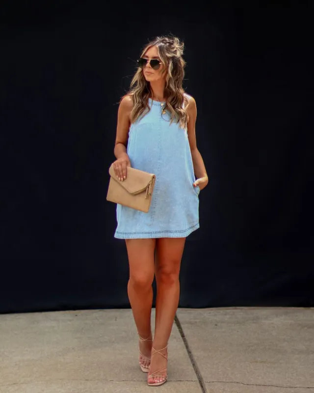Chelsey Chambray Pocketed Mini Dress sold by Vici