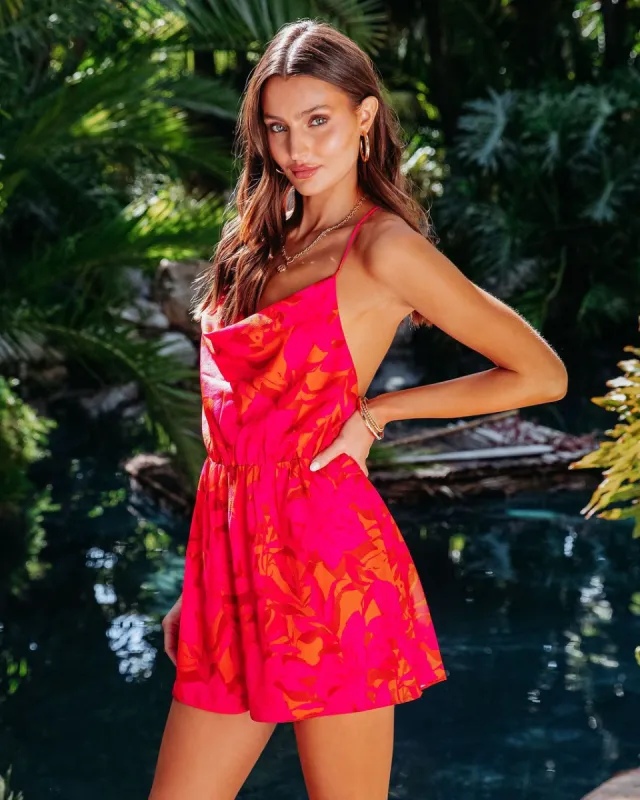 Sunset Tropics Printed Cowl Neck Romper sold by Vici