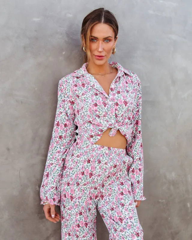 Rosaline Floral Plisse Button Down Top sold by Vici