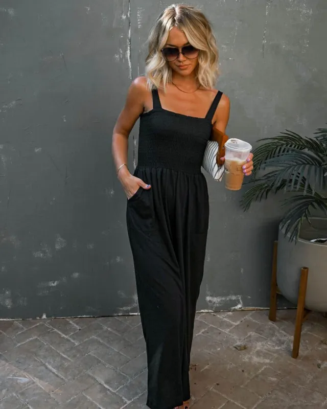 Mattea Smocked Pocketed Jumpsuit - Black - SALE sold by Vici