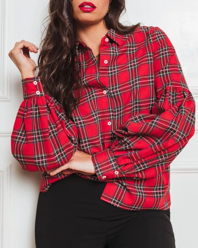 Gift For Me Plaid Puff Sleeve Button Down Top sold by Vici