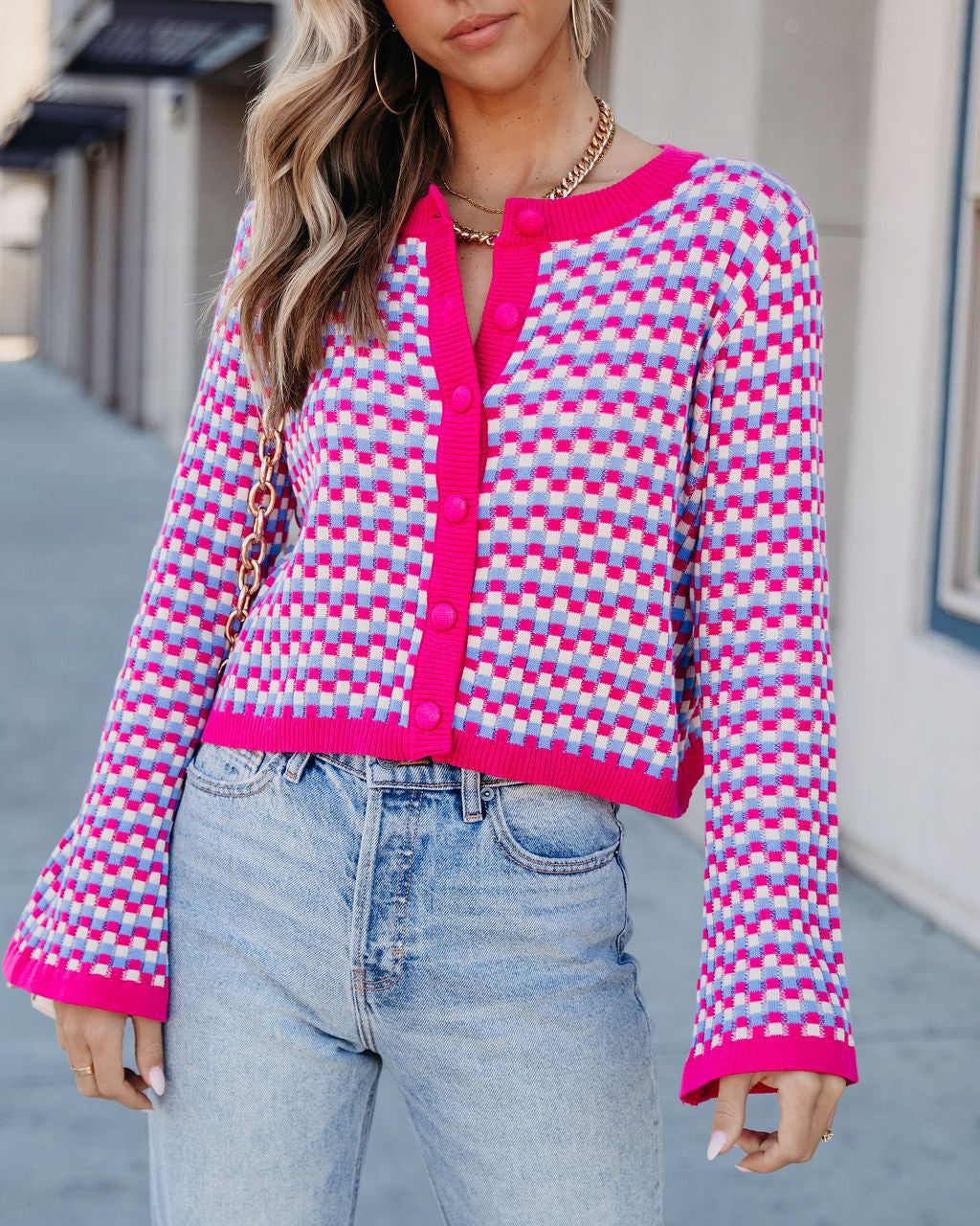 Dorinda Checkered Button Front Bell Sleeve Cardigan sold by Vici